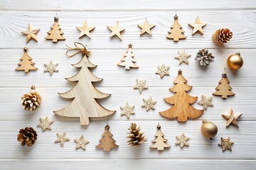 Fototapeta premium Flat Wooden Christmas Tree Toys on White Table - New Year Decorations
