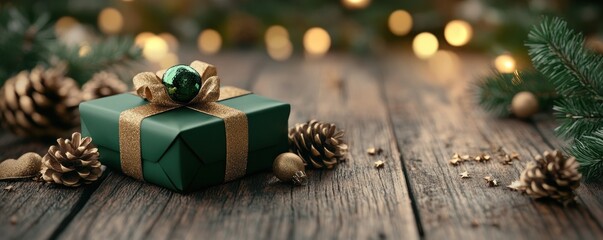 Festive Christmas Gift Package Wrapped in Green and Gold, Sparkling with Anticipation and Joyful Holiday Surprise Perfect for Christmas Presents and Gift Giving