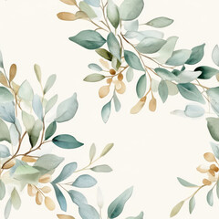 Delicate watercolor leaves and branches create serene and elegant pattern, perfect for seasonal decor or invitations. muted greens and soft golds evoke calming atmosphere
