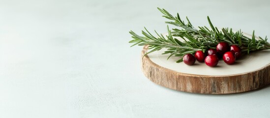 Fresh rosemary sprig and cranberries on rustic wooden plate, minimal holiday decor