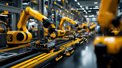 Industrial robots enhance efficiency in manufacturing environments, showcasing advanced automation technology. vibrant yellow robotic arms work seamlessly on assembly line, illustrating modern