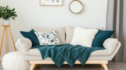 A cozy modern living room showcases a cream and sage green blanket draped over a sofa, complemented by a standing mirror and decorative plants, creating a serene atmosphere