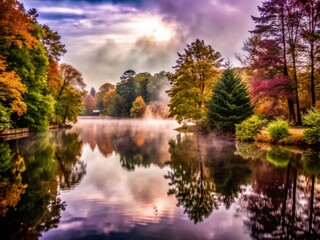 Obraz premium Foggy Autumn Landscape with Trees and Lake - Vintage Style Photography for Serene Nature Scenes