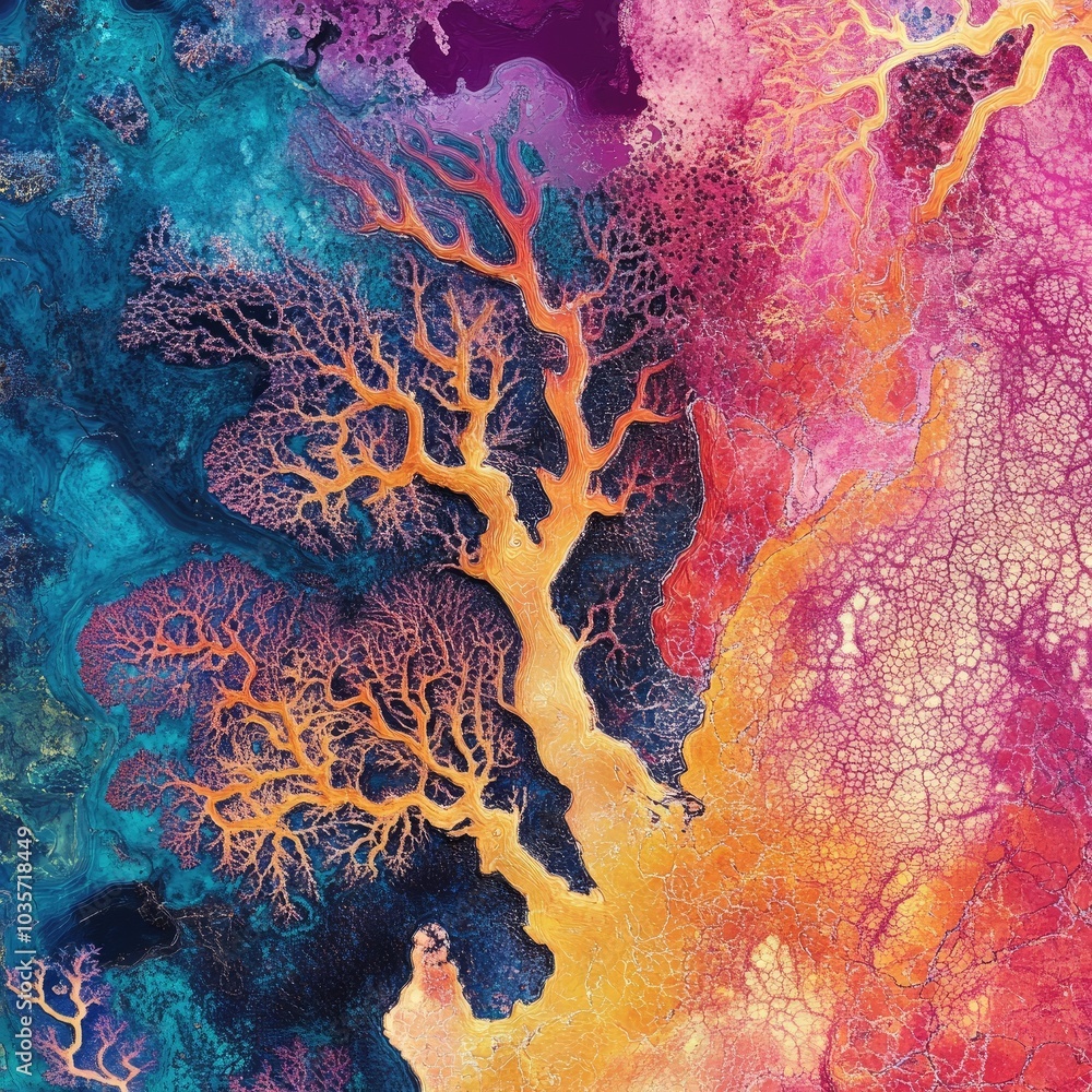 Canvas Prints vibrant abstract art featuring intricate tree-like patterns in vivid colors, combining shades of blu