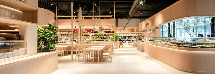 This shopping mall houses a minimalist food court, distinguished by its use of light beige tones and sleek, modern decor.