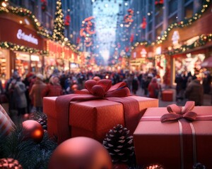 Fototapeta premium Holiday Shopping Spree Festive Cheer, Crowds, Gifts The Joy of Finding the Perfect Present in Bustling Stores