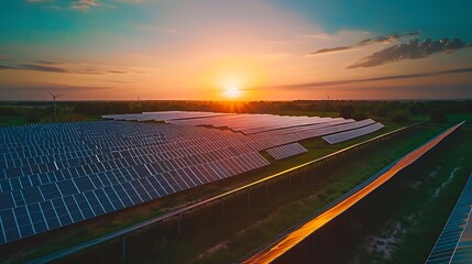A solar farm at sunset, showcasing rows of solar panels and wind turbines in a serene landscape.