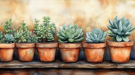 handpainted watercolor collection of indoor plants displayed in terracotta pots showcasing a verdant variety of foliage and succulents evoking a sense of tranquility and bringing nature indoors