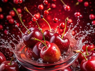 Fresh Cherries Splashing into Vibrant Red Juice - Aerial Photography of Juicy Delight