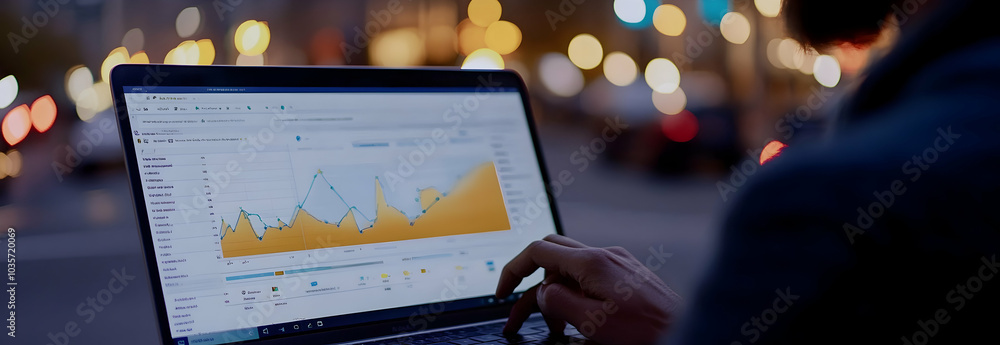 Poster person analyzing data on a laptop screen displaying detailed traffic analytics, close-up view -