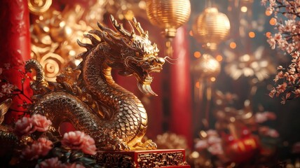 Fototapeta premium Golden Dragon with Red Lanterns