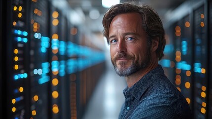 happy engineer in a modern data center server room skillfully configuring ai systems surrounded by rows of servers and glowing screens exemplifying innovation and technological advancement