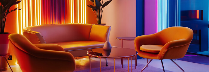 Podcast room with neon lights and retro-style chairs and table -  