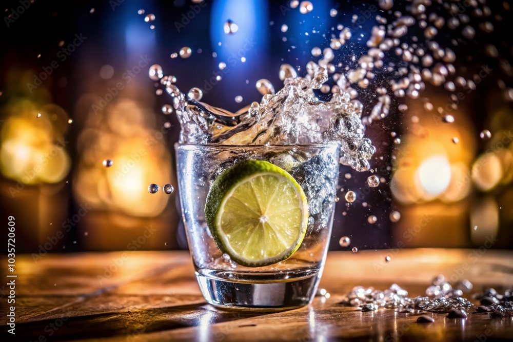 Poster fresh lime wedge splashing into sparkling water with bubbles for refreshing drink imagery