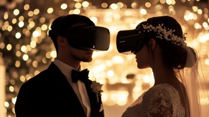 A couple attending a virtual reality wedding ceremony with friends and family from around the world, Modern lifestyle scene, Virtual celebration style