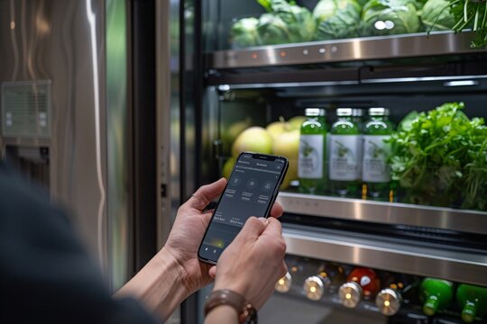 A person stands by a sleek refrigerator, browsing a smartphone app to check the inventory of fresh produce and healthy drinks stored inside. The fridge showcases vibrant greens and colorful beverages