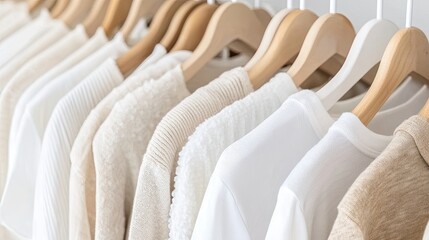 Obraz premium Handmade clothing for a baby girl hangs neatly on wooden hangers in a serene children's room, featuring a white rack and soft, neutral tones for a cozy atmosphere