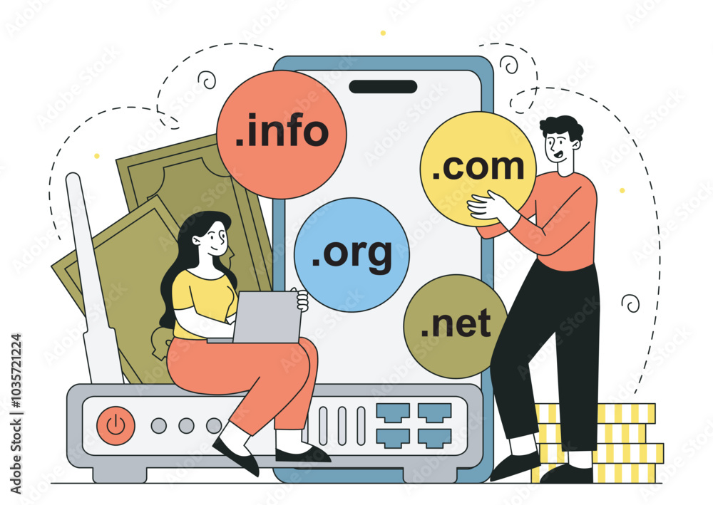 Poster people with internet domains. name for websites. man and woman with laptop on large router. wireless