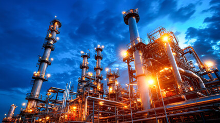 Industrial facility at night with illuminated towers and pipes, showcasing advancements in energy production and technology. scene reflects innovation and progress in industrial sector