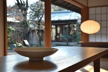 Fototapeta premium White Bowl on Wooden Table with Blurred Japanese Garden View