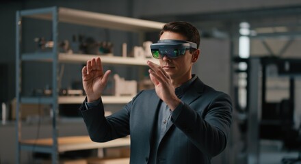 Businessman using augmented reality glasses in office