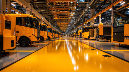 modern industrial facility showcasing row of yellow automated vehicles lined up on bright yellow floor. environment reflects advanced technology and efficiency in manufacturing