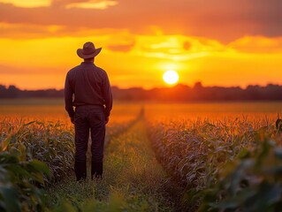 Fototapeta premium silhouette of a determined farmer standing amidst tall corn stalks as the sun sets, casting a golden glow over the expansive countryside, embodying dedication and harvest