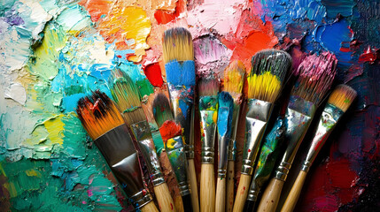 Set of colorful paintbrushes and paints spread on a textured canvas, symbolizing artistic creativity  -  
