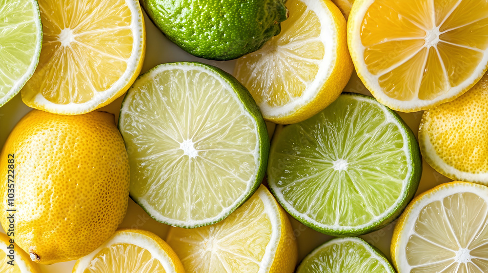 Poster slices of lime and lemon arranged in a vibrant multicolored citrus composition -