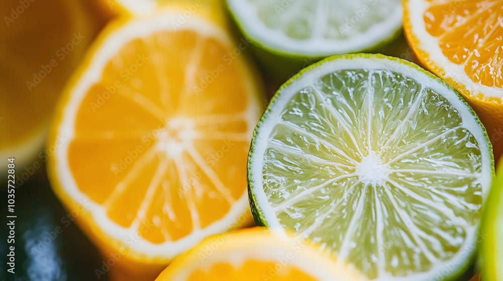 Poster slices of lime and lemon arranged in a vibrant multicolored citrus composition -