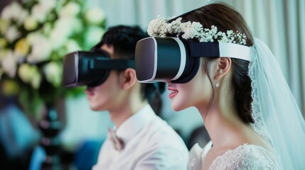 A couple attending a virtual reality wedding ceremony, exchanging vows in a simulated romantic setting with virtual guests from around the world, Modern lifestyle scene