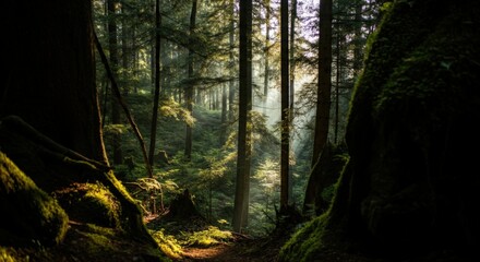 Obraz premium Sunbeams Breaking Through the Forest Canopy