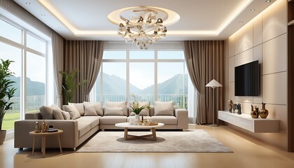 Fototapeta premium Home luxury drawing room lighting and indoor plants image.