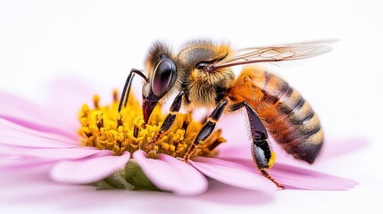 Fototapeta premium honey bee delicately landing on a vibrant flower showcasing natures intricate details against a clean white background emphasizing the importance of pollinators