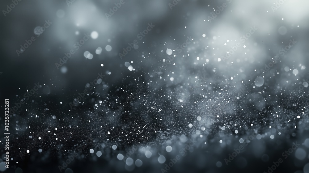 Poster Mysterious abstract background with floating dust particles and soft bokeh lights, illuminated against a dark grey and black backdrop. The smooth blend of light and shadow creates an ethereal, dreamy 