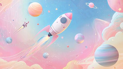 Fototapeta premium Rocket flies to the universe for interstellar exploration, children's hand-drawn illustration