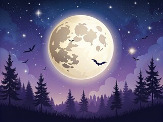 Fototapeta premium Full Moon Night Sky with Clouds and Stars - Spooky Magic Vector Illustration for Halloween Themes