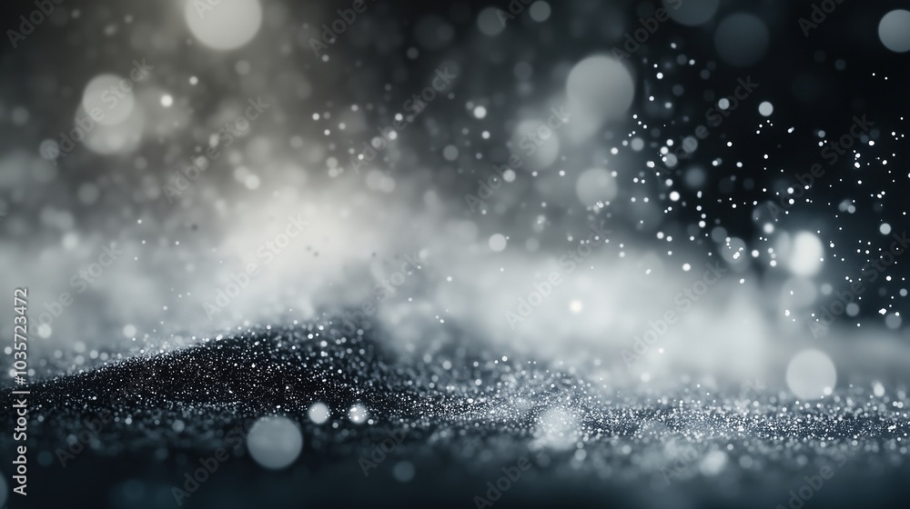 Poster Mysterious abstract background with floating dust particles and soft bokeh lights, illuminated against a dark grey and black backdrop. The smooth blend of light and shadow creates an ethereal, dreamy 