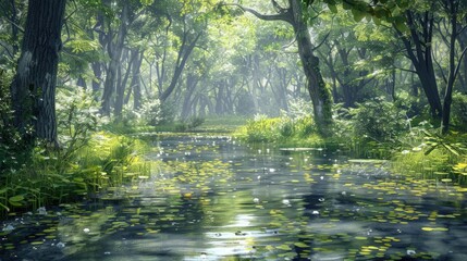 Fototapeta premium Tranquil Pond in a Lush, Foggy Forest