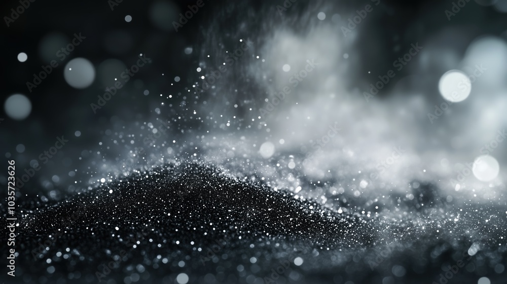Poster Mysterious abstract background with floating dust particles and soft bokeh lights, illuminated against a dark grey and black backdrop. The smooth blend of light and shadow creates an ethereal, dreamy 