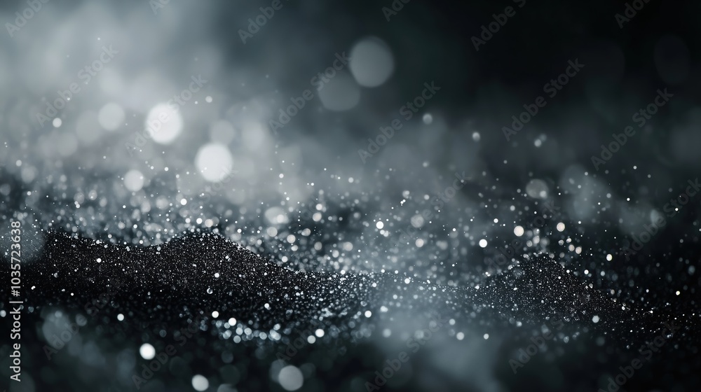 Aufkleber Mysterious abstract background with floating dust particles and soft bokeh lights, illuminated against a dark grey and black backdrop. The smooth blend of light and shadow creates an ethereal, dreamy 