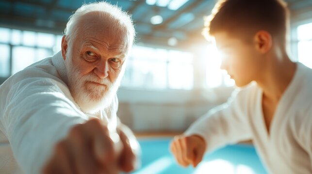 An elderly man focused and assertive practices martial arts against a young partner, highlighting skill and discipline, in a sunlit dojo setting with intensity.