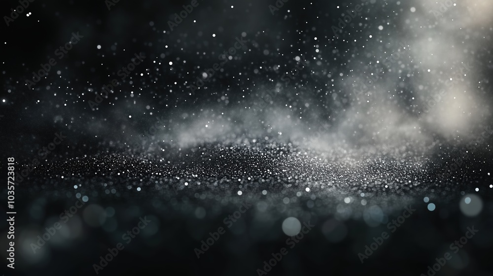 Aufkleber Mysterious abstract background with floating dust particles and soft bokeh lights, illuminated against a dark grey and black backdrop. The smooth blend of light and shadow creates an ethereal, dreamy 
