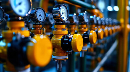 Obraz premium Industrial pressure gauges and valves in factory setting showcase precision and functionality. vibrant yellow and metallic colors highlight equipments importance in monitoring systems