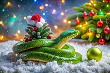 Fototapeta premium Funny Green Snake in Santa Hat for Christmas Celebration - Holiday Humor and Festive Spirit