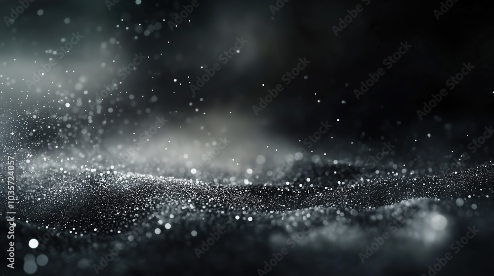 Aufkleber Mysterious abstract background with floating dust particles and soft bokeh lights, illuminated against a dark grey and black backdrop. The smooth blend of light and shadow creates an ethereal, dreamy 