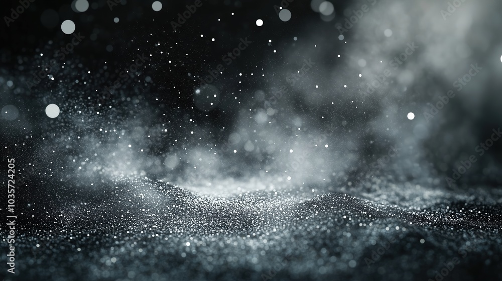 Aufkleber Mysterious abstract background with floating dust particles and soft bokeh lights, illuminated against a dark grey and black backdrop. The smooth blend of light and shadow creates an ethereal, dreamy 