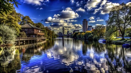 Obraz premium A calm river reflecting the city skyline and puffy clouds.