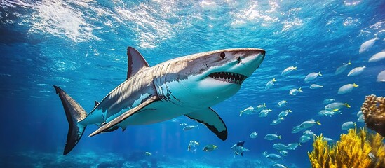 Fototapeta premium Great White Shark Underwater in a Blue Ocean