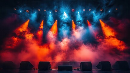 illuminated stage with colorful spotlights and swirling smoke creating an electrifying atmosphere for concerts or theatrical performances emphasizing the excitement of live events